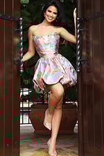 Strapless metallic jacquard bubble mini dress