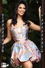Strapless metallic jacquard mini dress with structured corset bodice and bubble skirt