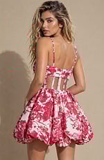 floral brocade dress bodice featuring a rose appliqué, dainty straps, and vertical bodice seams.