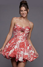 Youthful A-line party dress in a bold botanical brocade with adjustable spaghetti straps and a puffy bubble hem.