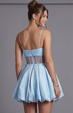 Back view of a light blue bubble hem dress showing a voluminous pleated skirt and an exposed sheer bodice.