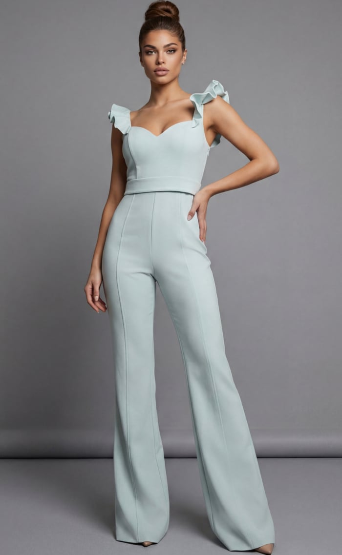 Sleeveless fitted jumpsuit with ruffled shoulder straps and wide leg design