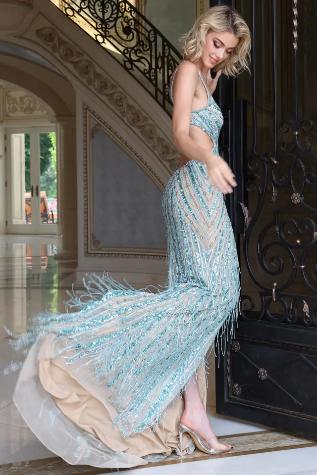 backless blue beaded dress