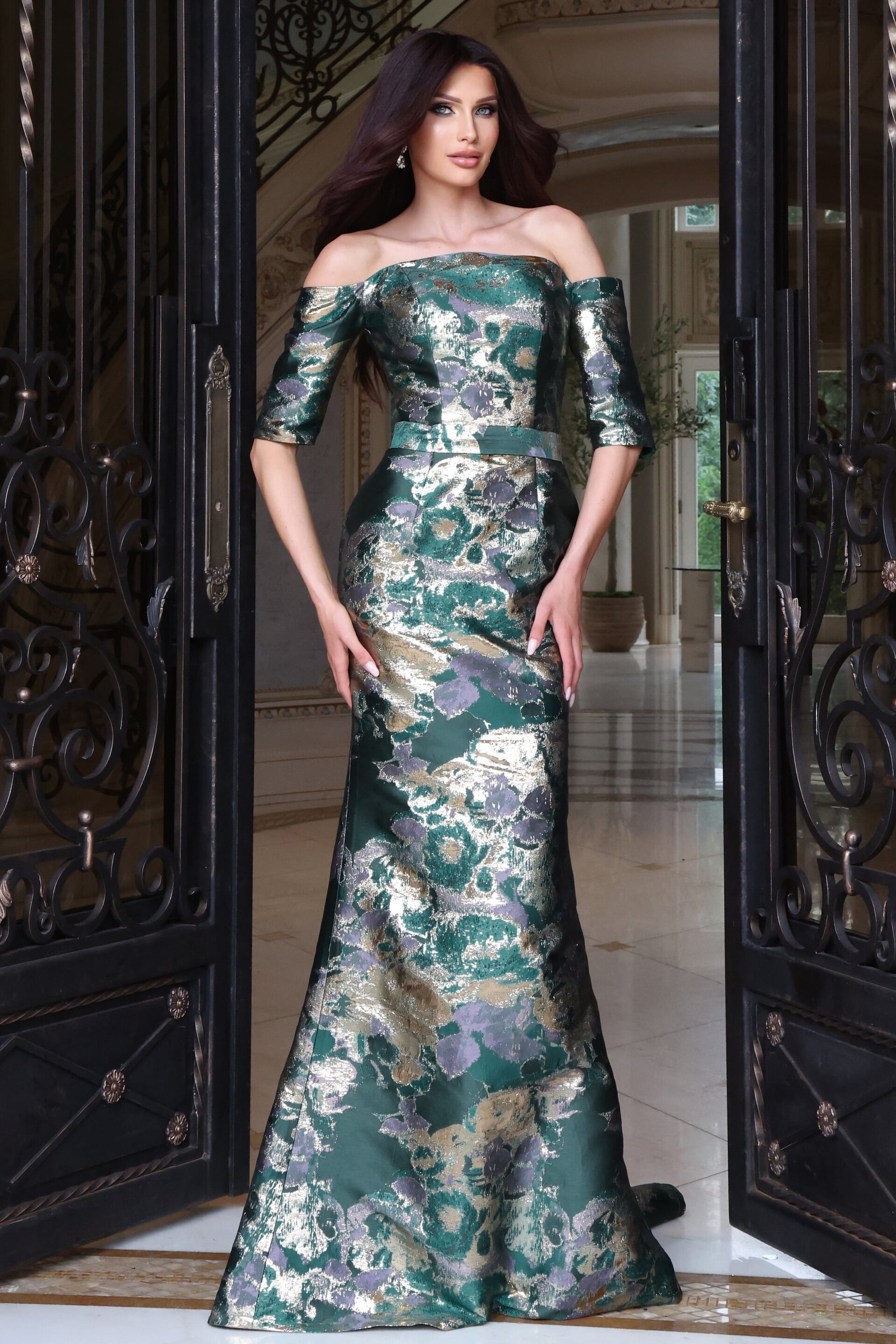 Teal metallic floral jacquard off-the-shoulder mermaid gown, front view