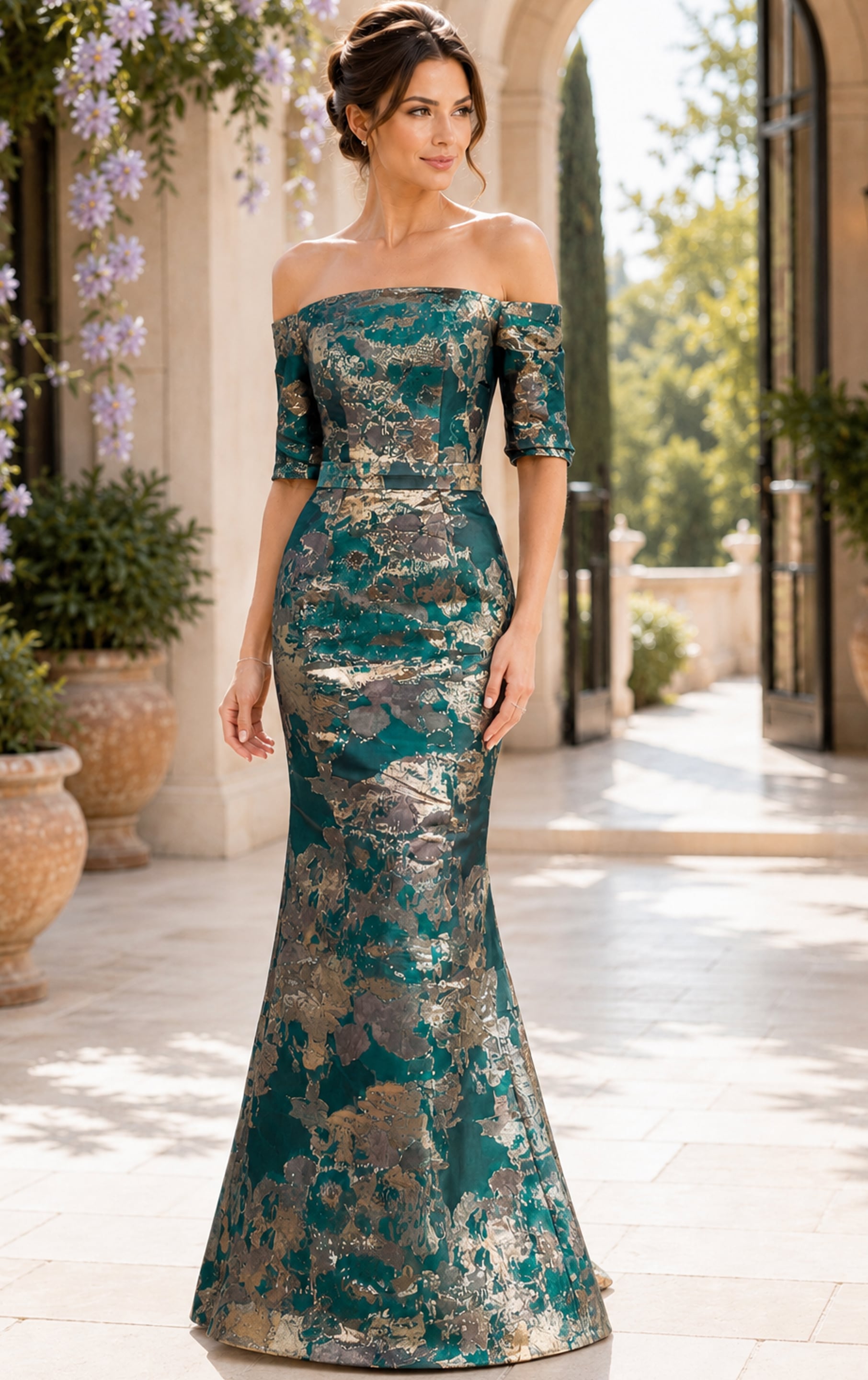 51599-green-1 Structured Off Shoulder Evening Dress