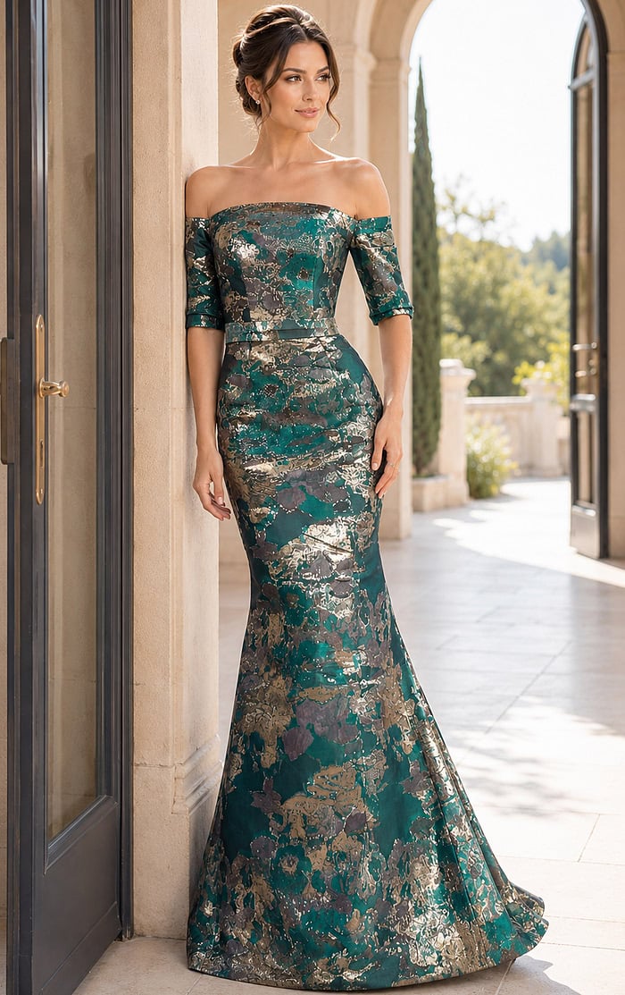 Off Shoulder Jacquard Formal Gown
