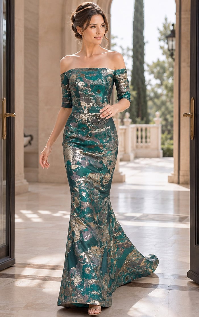 Structured Evening Gown With Short Sleeves