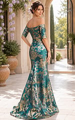 Fitted Jacquard Gown With Flared Hem