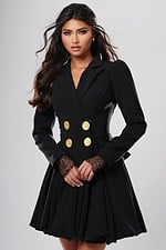 Jovani style 51602 black crepe double breasted blazer dress with notch lapel, gold buttons and lace cuff bubble hem, front view