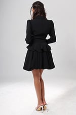 back view of black crepe double breasted blazer dress with notch lapel, gold buttons and lace cuff bubble hem, Jovani style 51602