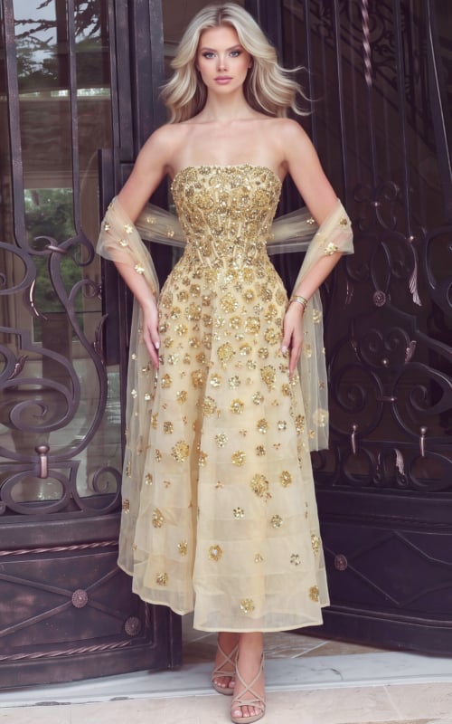 strapless evening gown with gold floral sequin embellishments, corset bodice, sheer sleeves, and flowing A-line skirt.