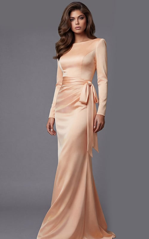 Long sleeve satin gown with sleek fitted silhouette, smooth finish, and waist tie detail