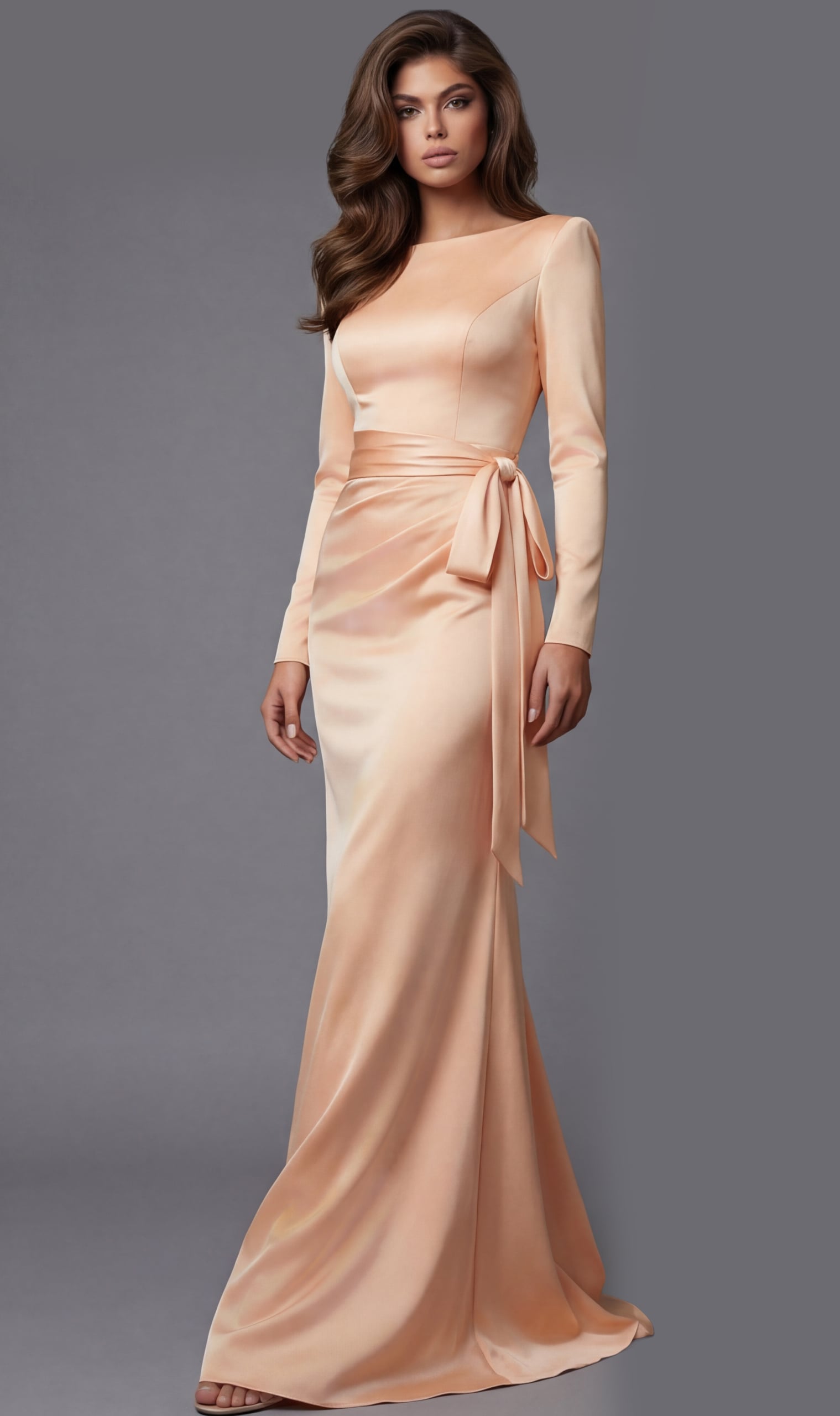 Long sleeve satin gown with sleek fitted silhouette, smooth finish, and waist tie detail