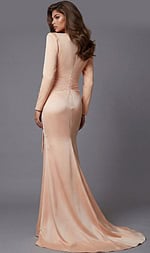 Back view of long sleeve satin gown with smooth fitted silhouette, clean back seam, and soft floor length hemline