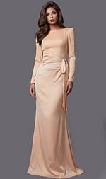 Long sleeve satin gown with clean neckline, smooth fitted silhouette, and elegant side waist tie detail