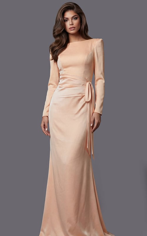 Long sleeve satin gown with clean neckline, smooth fitted silhouette, and elegant side waist tie detail