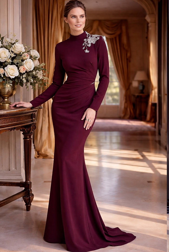high neck long sleeve evening dress Luxury Blue Long Sleeves High Neck Evening Dress SS587