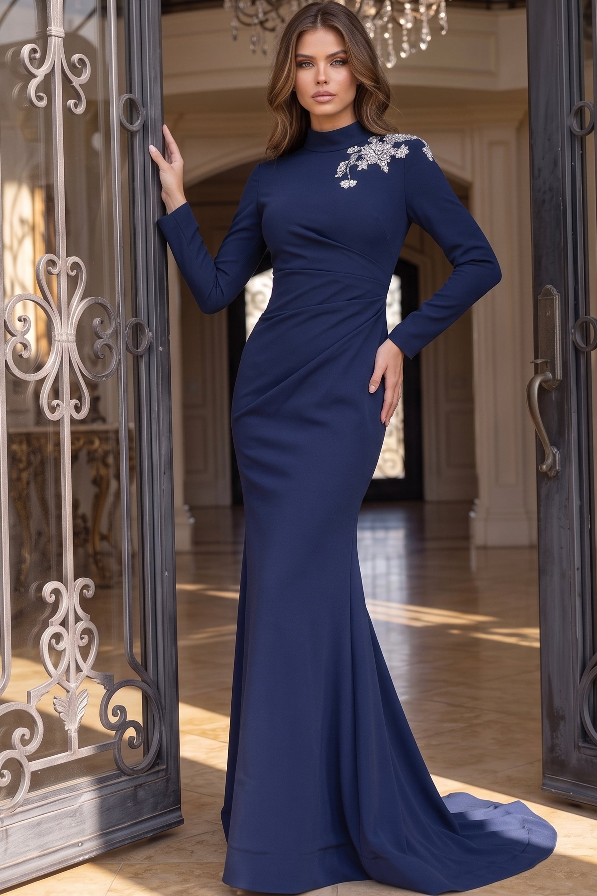 Navy high neck long sleeve crepe mermaid gown with floral crystal beading at the shoulder, Jovani style 51632