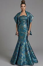 Strapless brocade mermaid gown with structured bodice and flared hem