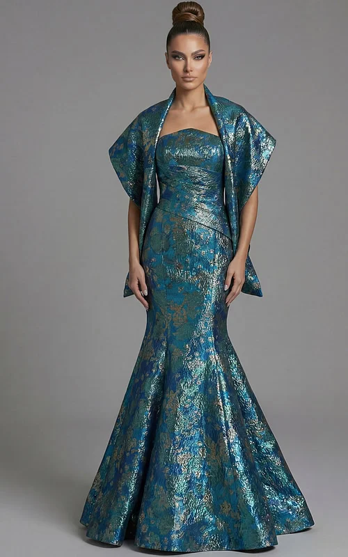 Strapless brocade mermaid gown with structured bodice and flared hem