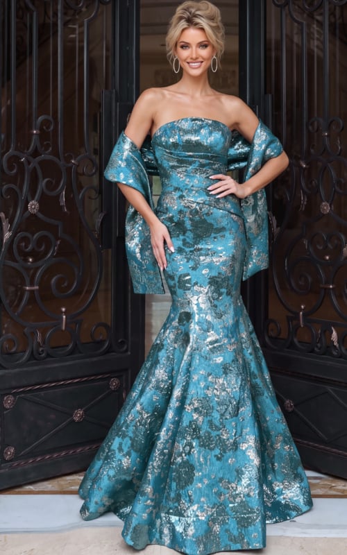 Strapless brocade mermaid gown with structured bodice and flared hem