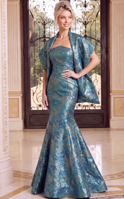 Strapless brocade mermaid gown with structured bodice and flared hem