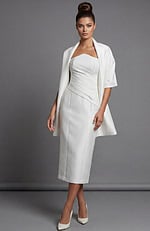 Front view of strapless white evening dress with structured waist detail