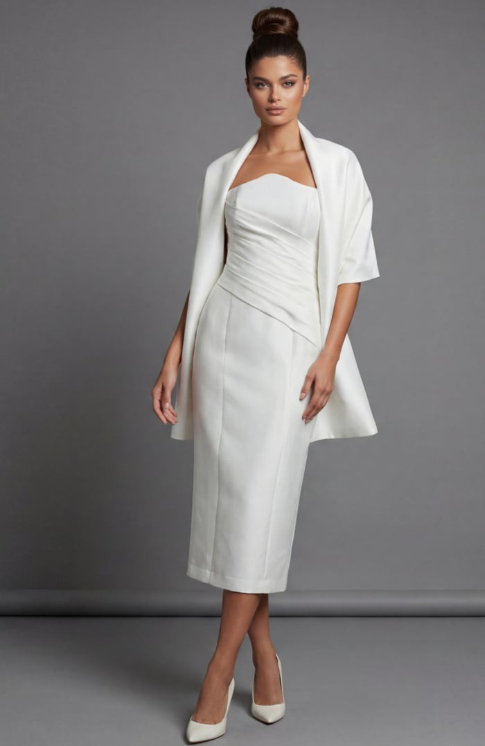 Front view of strapless white evening dress with structured waist detail