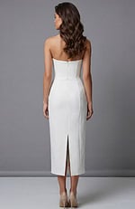 Strapless white evening dress with fitted silhouette and wrap bodice