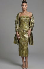 Strapless brocade evening dress with fitted silhouette and matching long sleeve jacket