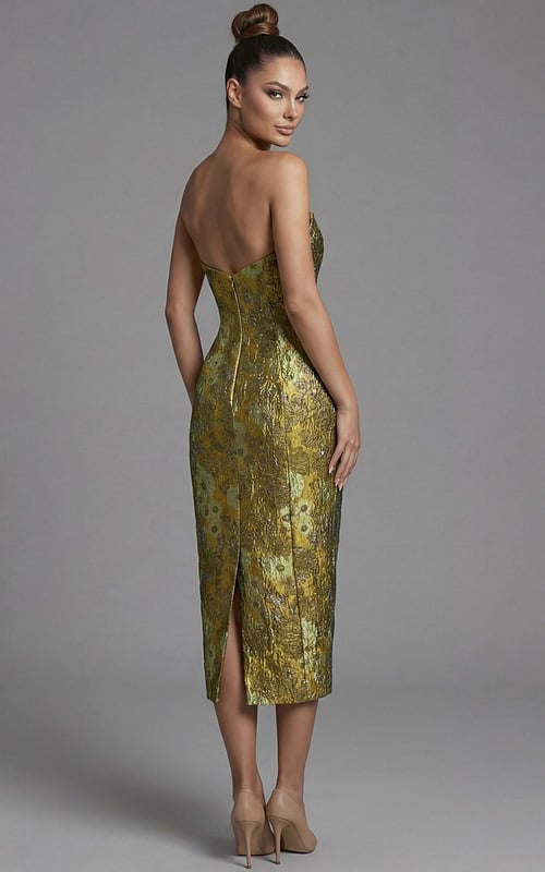 Fitted metallic brocade evening dress with structured bodice and shawl