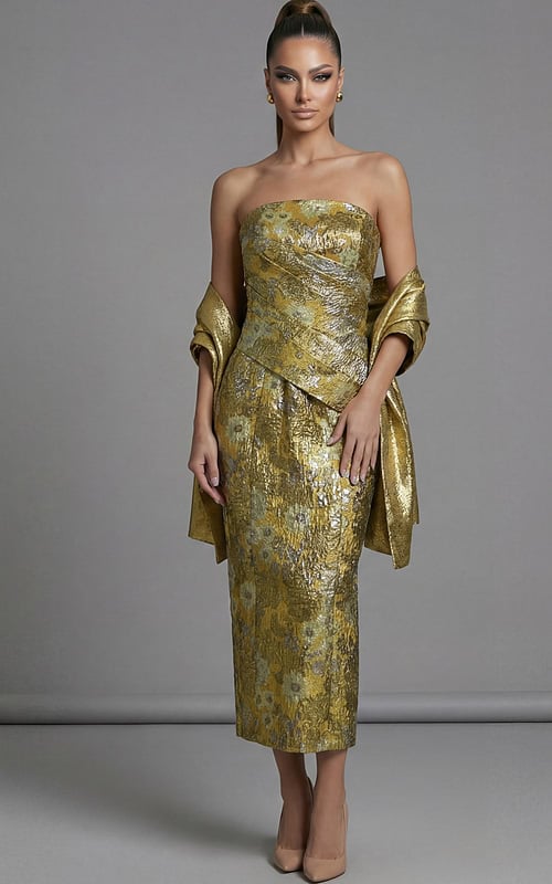 Strapless brocade evening dress with matching long sleeve jacket