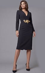 Elegant fitted midi dress with long sleeves and statement waist accent