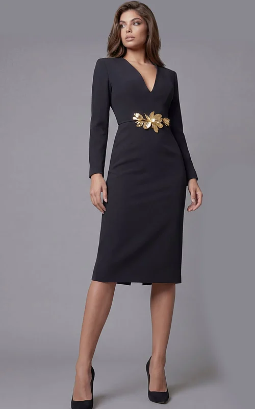 Elegant fitted midi dress with long sleeves and statement waist accent