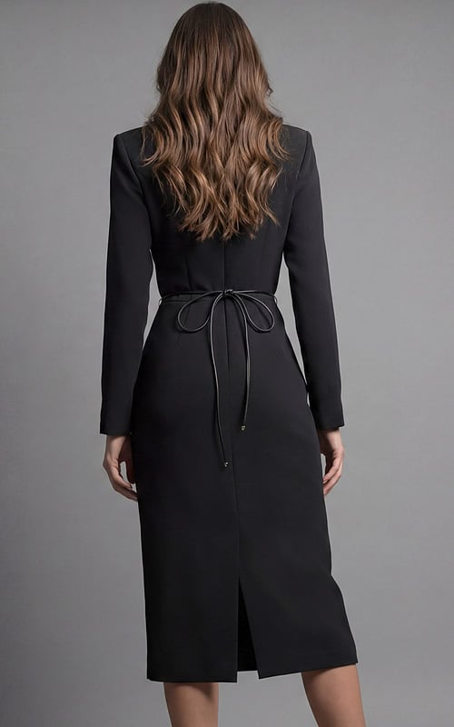 Long sleeve midi dress with V neckline and sculpted waist detail