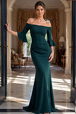 emerald green off shoulder bell sleeve mermaid satin gown with ruched waist
