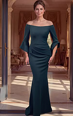 emerald green off shoulder bell sleeve mermaid satin gown with ruched waist