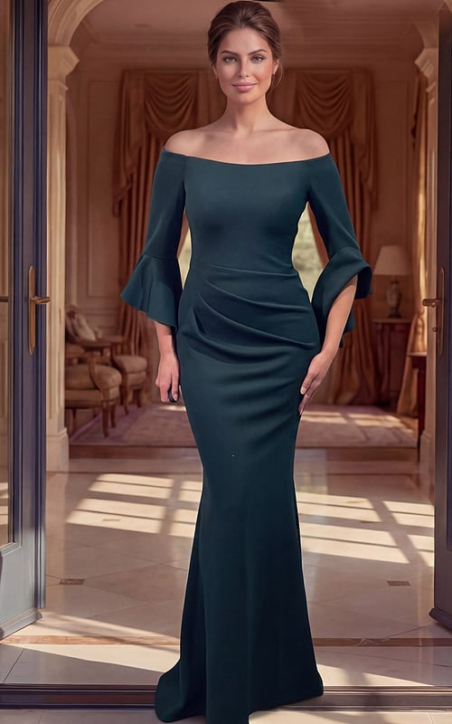 emerald green off shoulder bell sleeve mermaid satin gown with ruched waist