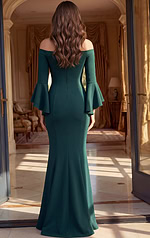 back view of emerald green off shoulder mermaid satin gown