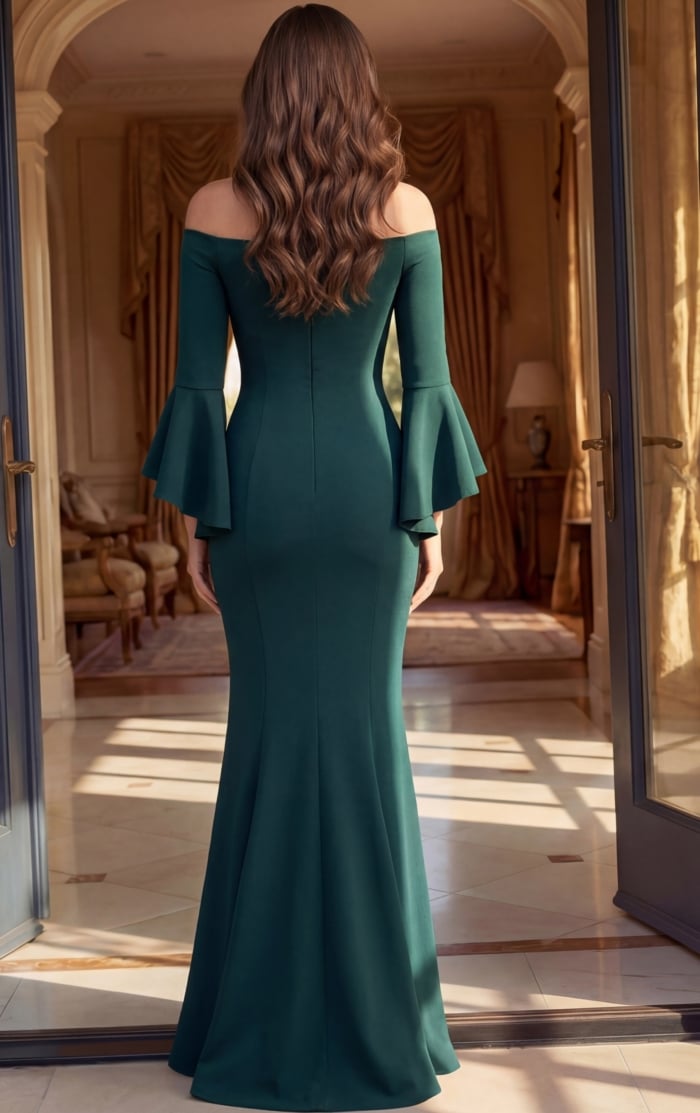 back view of emerald green off shoulder mermaid satin gown