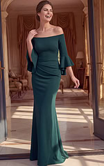 emerald green off shoulder bell sleeve mermaid satin gown with ruched waist