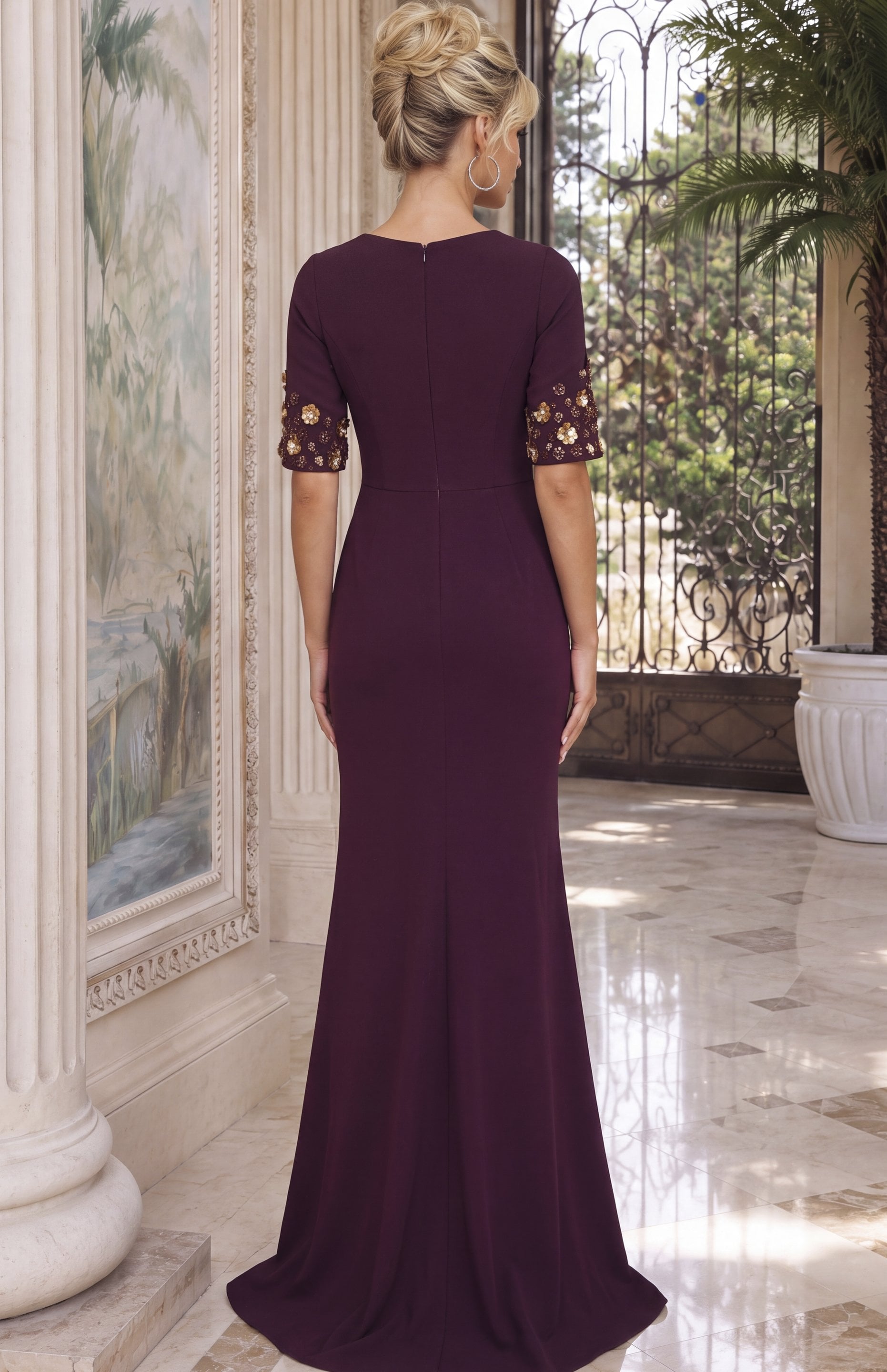 burgundy Jovani 51647 Back view, floral sleeves