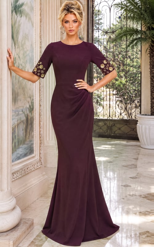 burgundy round neck beaded cuffs evening gown style 51647 - front full body