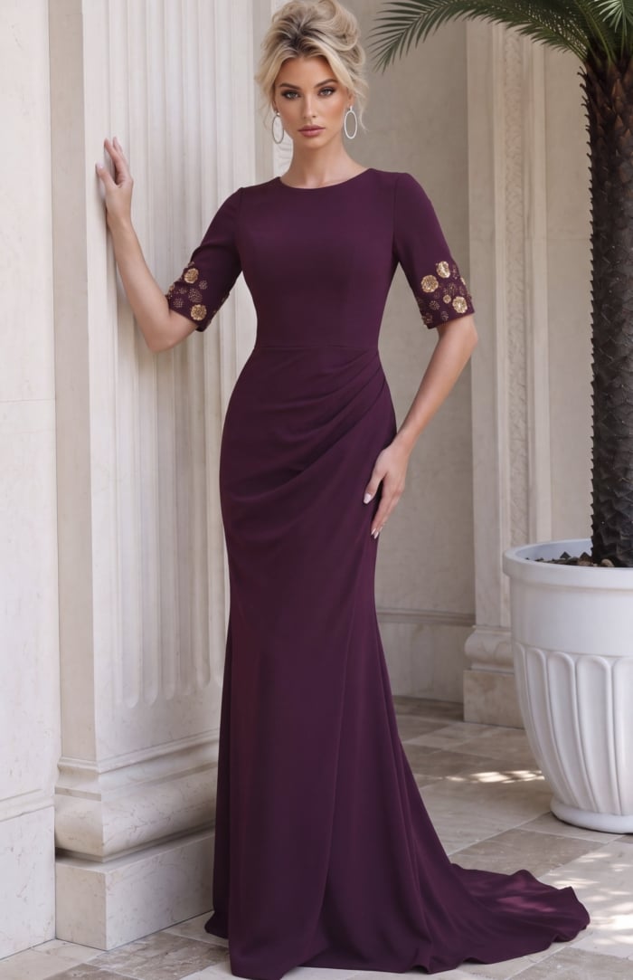burgundy Jovani 51647 Front, gold sleeve detail
