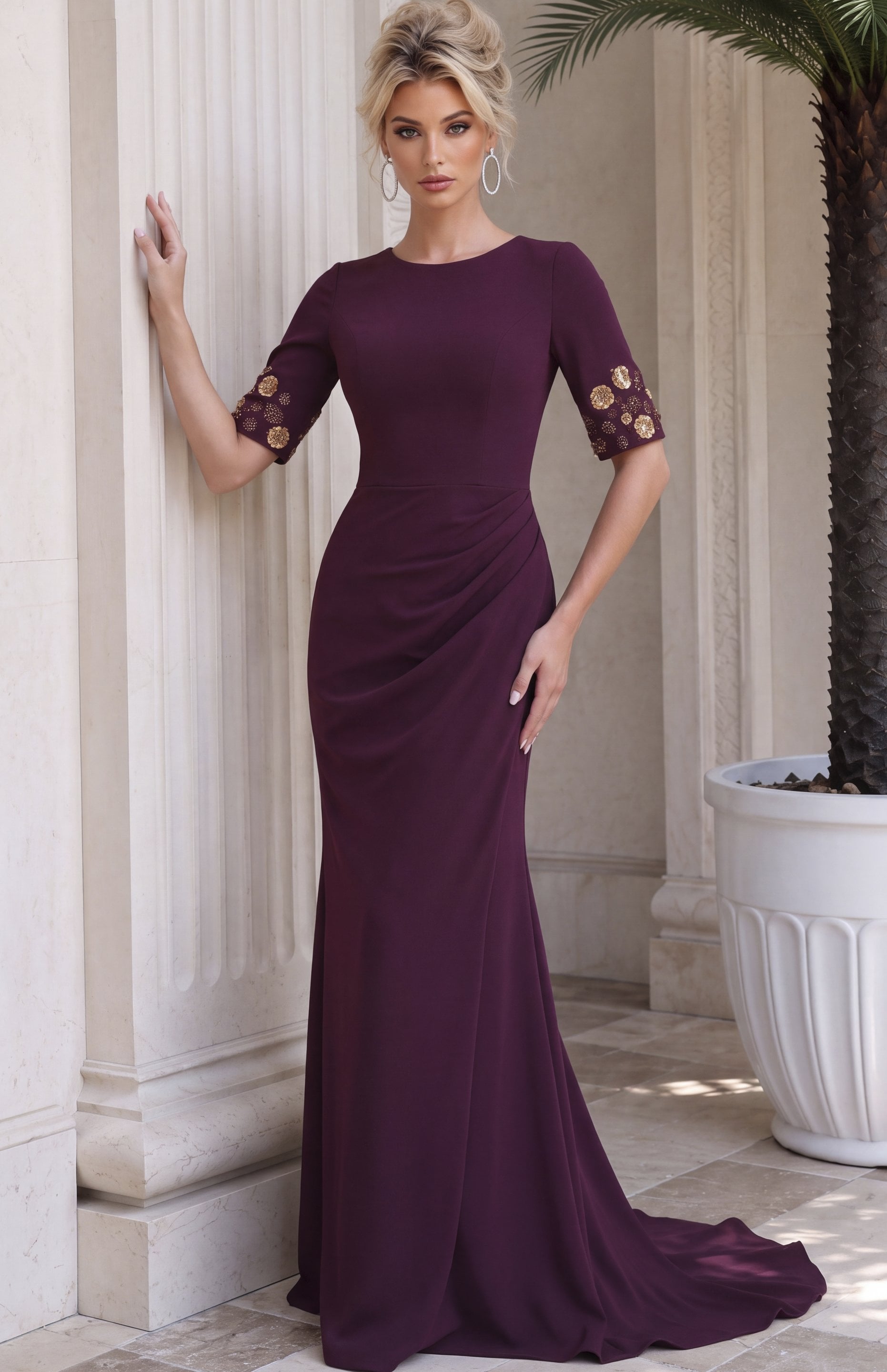 burgundy Jovani 51647 Front, gold sleeve detail