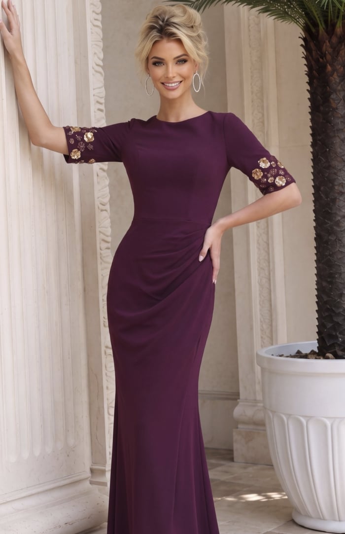 burgundy Jovani 51647 front, floral sleeves