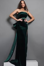emerald green sheath long dress with strapless velvet beaded slit train