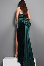 emerald green sheath long dress with strapless velvet beaded slit train