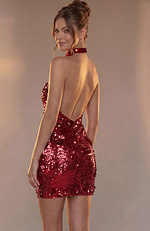 Back view of a shimmering mini dress featuring a high halter neck and a dramatic open-back design.