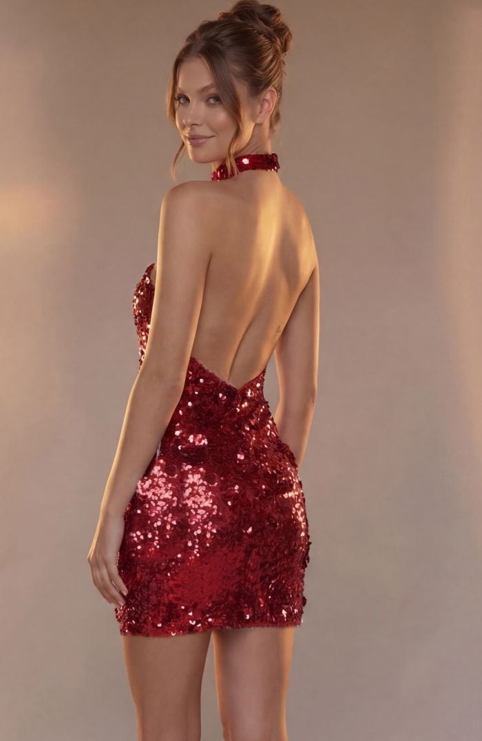 Back view of a shimmering mini dress featuring a high halter neck and a dramatic open-back design.